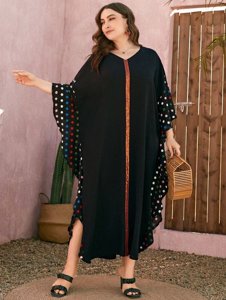 

plus polka dot print sequin decor batwing sleeve ruffle trim dress p0ks#, Black