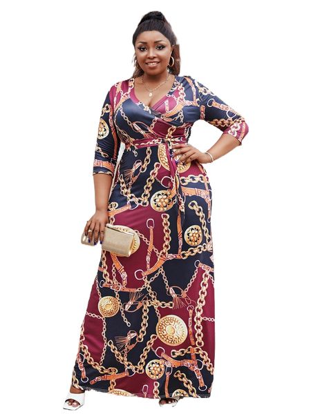 

plus chain print wrap belted dress l3cu#, Black