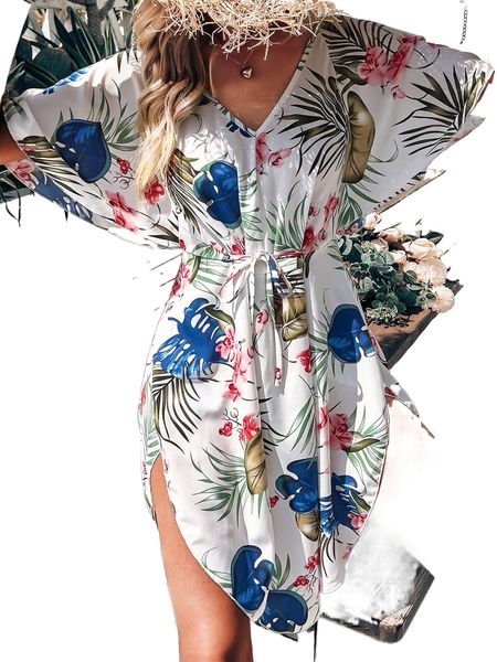 

tropical print cover up p2re#, White;black