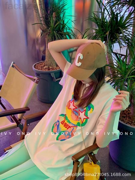 

women's t-shirt designer chao brand 22ss early spring new age reduction versatile rainbow bear print short sleeve t-shirt ix10, White