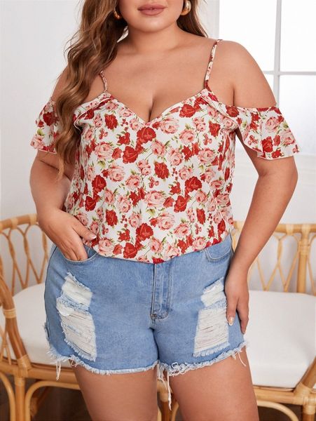 

plus cold shoulder floral e15o#, Black
