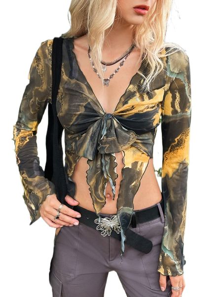 

grunge marble print lettuce trim tie front mesh crop t569#, White