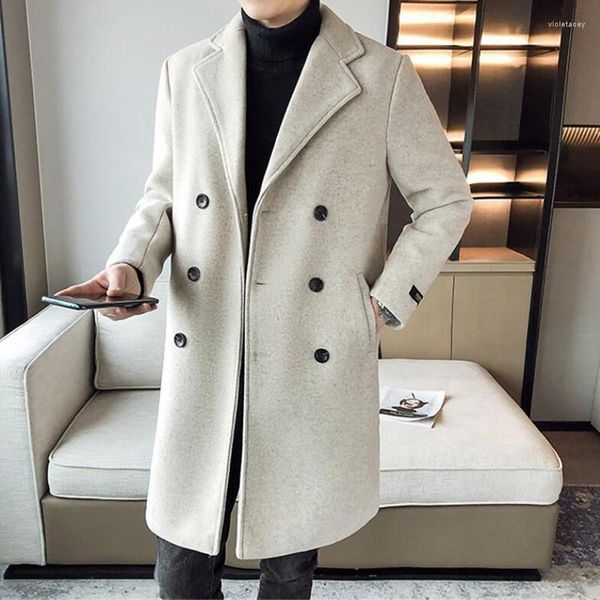 Herren Wollmischungen 2022 Herbst Winter Zweireiher Solide Mittellange Herren Wolljacke Slim Fit Trenchcoat Business Mantel Freizeit Vio