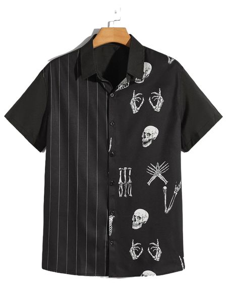 

romwe guys skull graphic striped shirt h6co#, White;black