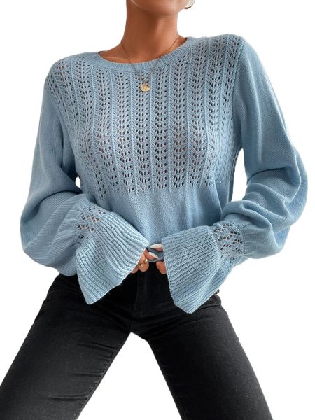 

flounce sleeve pointelle knit sweater f0mk#, White;black