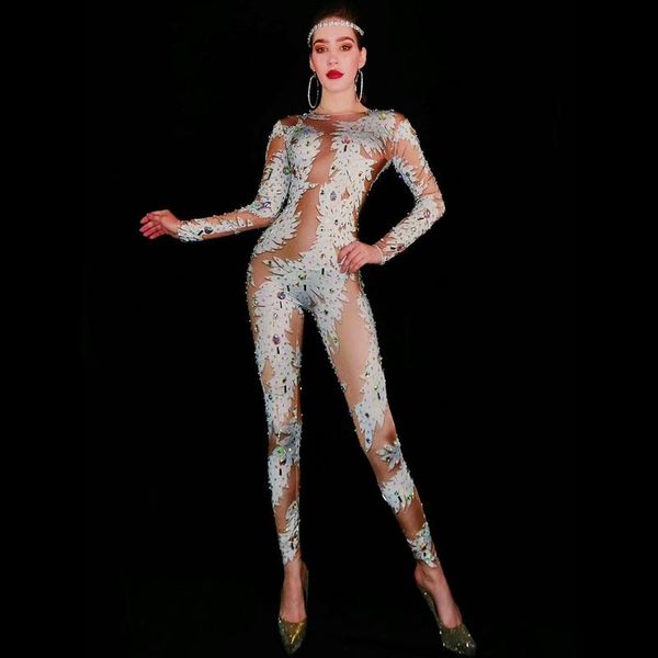 Стадия ношения Sparkly AB Crystals White Printed Jumpsuit Women Sexy Leggings Fare Everditive Endute Compute Costumestage Performance Tanc