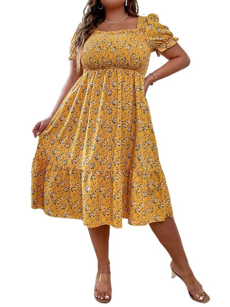 

plus ditsy floral shirred puff sleeve square neck ruffle hem dress h3dn#, Black