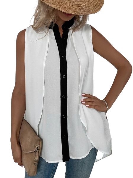 

contrast trim overlay panel sleeveless shirt y028#, White