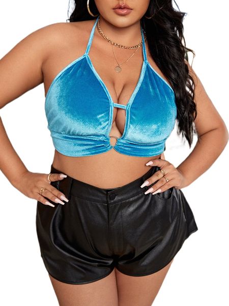 

sxy plus ring linked tie backless velvet halter 38hz#, Black