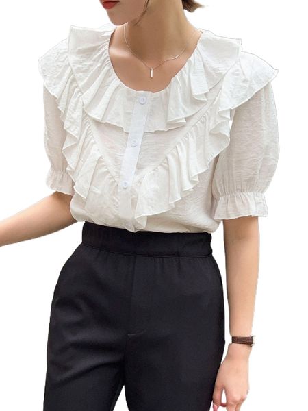 

dazy ruffle trim puff sleeve blouse s7k1#, White