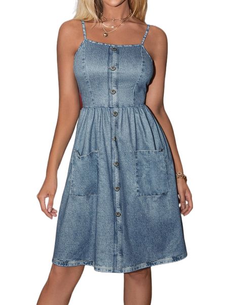 

button front pocket detail chambray cami dress i0sy#, Black;gray