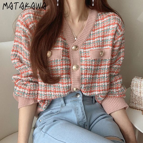 

longsleeved knitted cardigan korea chic retro color plaid vneck woman sweater singlebreasted loose coat 210506, White