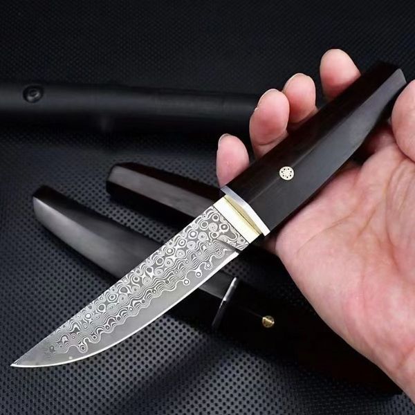 Raizo Warriorr Coltello a Lama Fissa Dritto VG10 Lama di Damasco Manico in Ebano Caccia Tattica Pesca EDC Strumento di Sopravvivenza Coltelli Regalo di Natale A4039