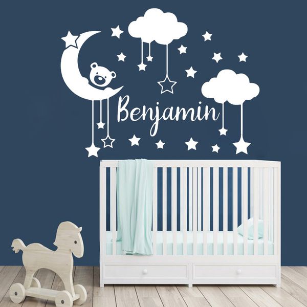 Benutzerdefinierter Name Baby Mond Bär Vinyl Aufkleber personalisierte Wandtattoos für Kinderzimmer Mädchen Jungen Schlafzimmer Dekor Tapete B292 220607