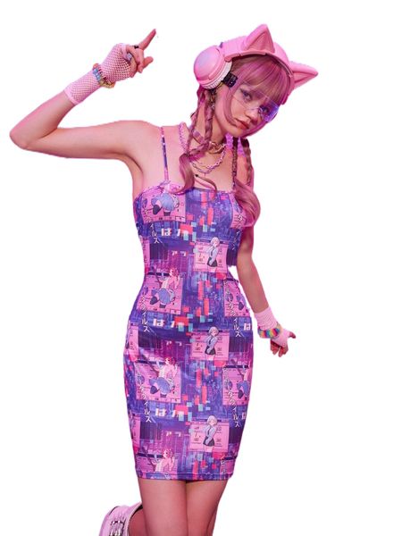 

romwe anime cartoon figure print cami dress 6410#, Black;gray