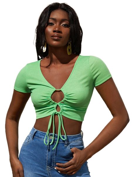 

solid tie front cutout crop tee w0sx#, White