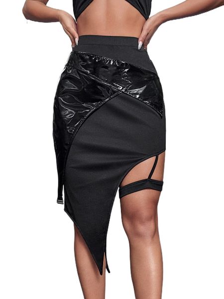 

high waist asymmetrical hem skirt u0js#, Black