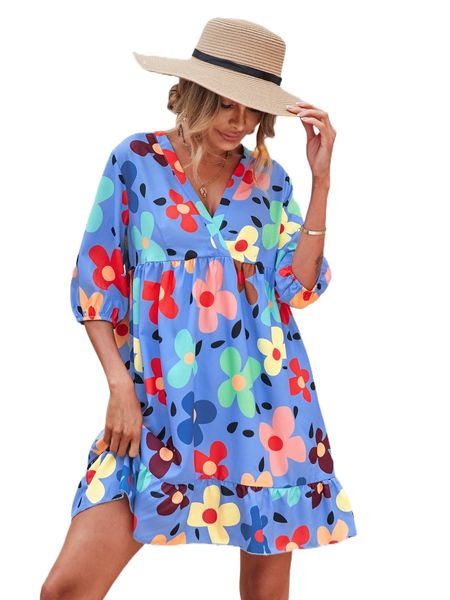 

allover floral print surplice front smock dress r2k3#, Black;gray