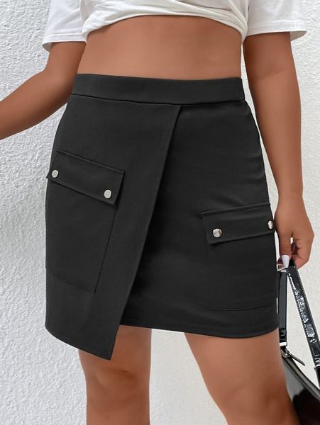 

plus flap pocket asymmetrical hem skirt h0me#, Black