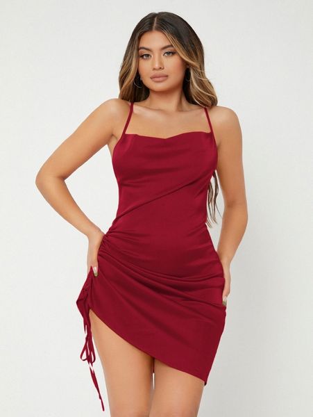 

sxy drawstring ruched crisscross cami satin dress i87p#, Black;gray