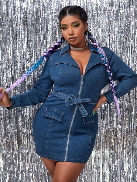 

plus zip up belted denim dress 58kn#, Black