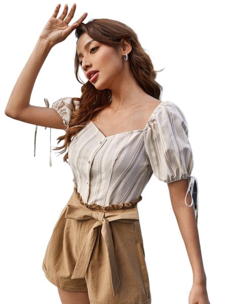 

striped print button front puff sleeve blouse c2md#, White