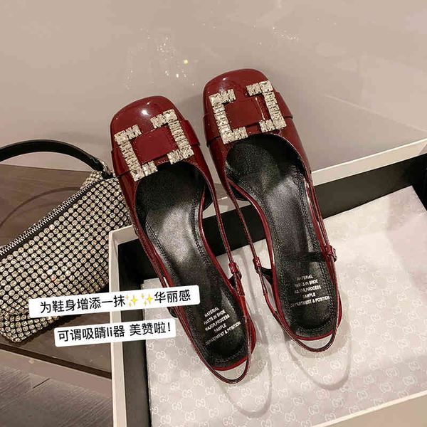 

sandals 22 spring and summer french patent leather button baotou sandals women's thick heel square head high heels shallow mouth back a, Black