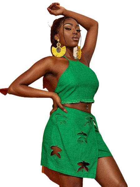 

sxy raw hem halter & wrap knot side skirt set v836#, White