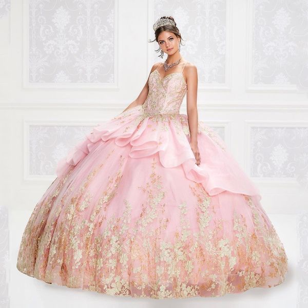 

blush pink princess quinceanera dresses gold lace floral shiny puffy skirt sweetheart tulle vintage lace applique sweet 16 dress, Blue;red
