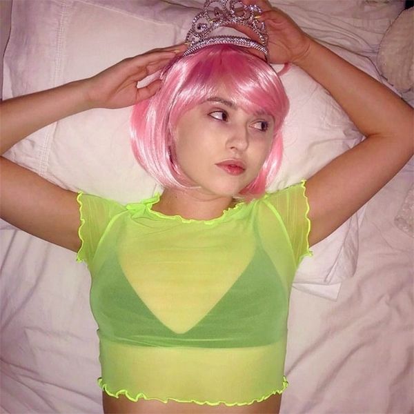

neon color see through t-shirt short sleeve tranparent slim fit cropped women summer fashion mesh sheer tee streetwear 220516, White