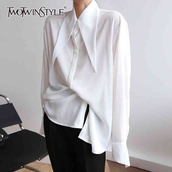 

loose white blouse for women lapel long sleeve casual minimalist basic shirt female fashion clothes spring 210423