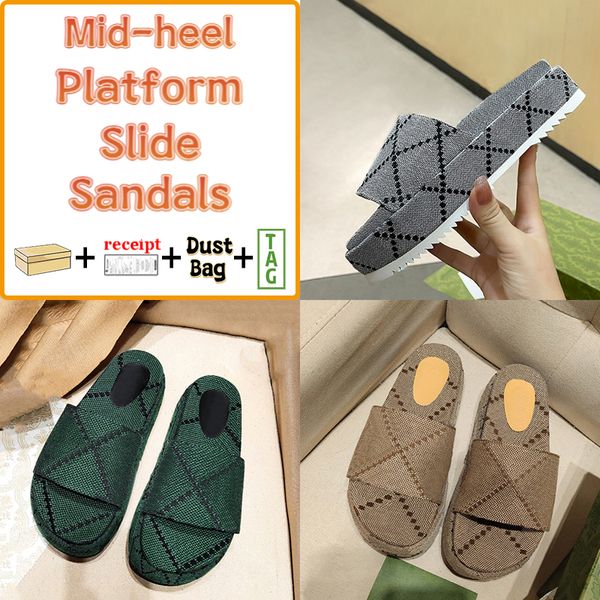 

mid-heel platform slippers women summer beach sandals mouse printed canvas xad green beige blue camel ebony men slides og shoes with box, Black