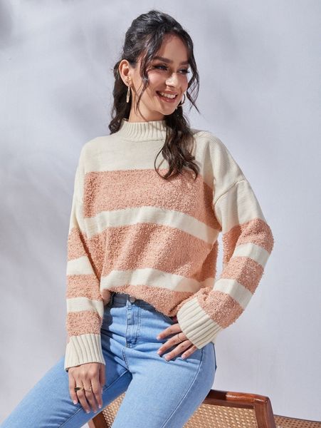 

color block mock neck drop shoulder sweater 47jl#, White;black