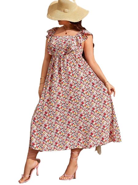 

plus ditsy floral print ruffle trim dress y6o7#, Black