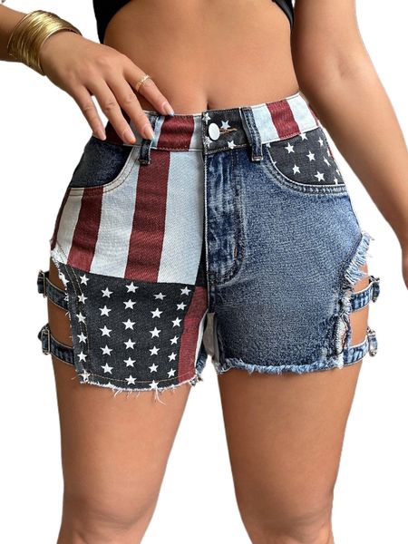 

sxy colorblock flag print cut out buckled raw hem denim shorts z0qs#, White;black