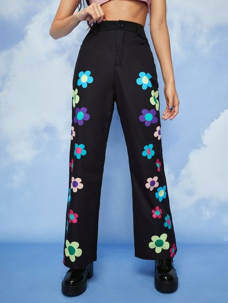 

romwe floral print pants 670u#, Black;white