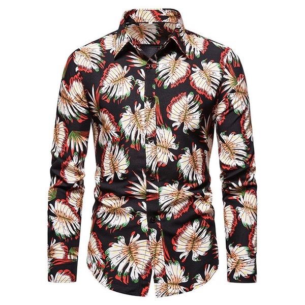 

50kg100kg spring tropical leaves printed regular fit button down male long sleeve hawaiian shirt 210412, White;black