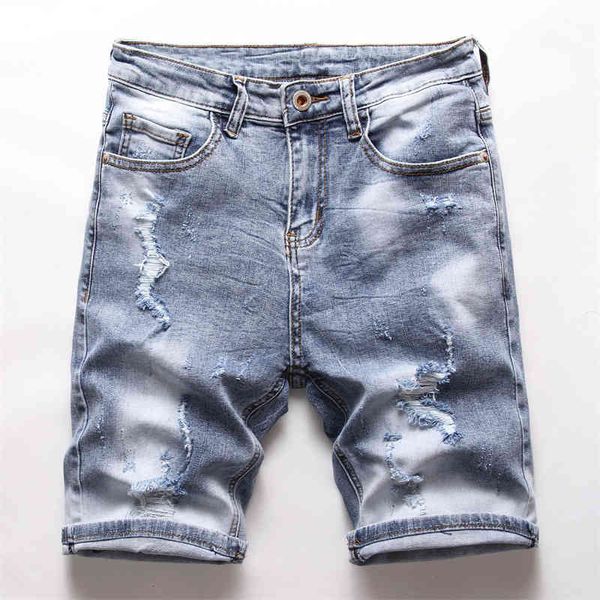 

men's jeans summer denim shorts korean version men's small straight tube youth pants large size five point broken hole pants d018, Blue