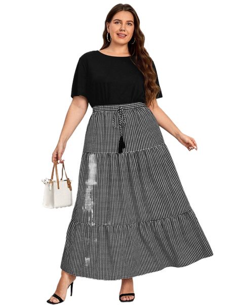 

emery rose plus gingham print ruffle hem skirt w2rv#, Black