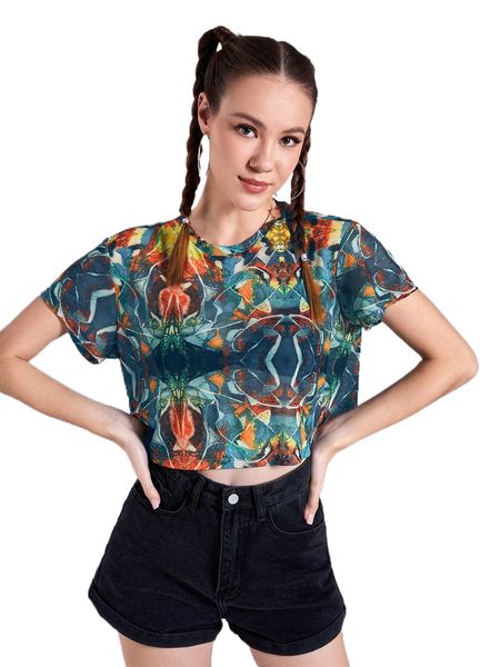 

x seema graphic print sheer mesh n2ed#, White
