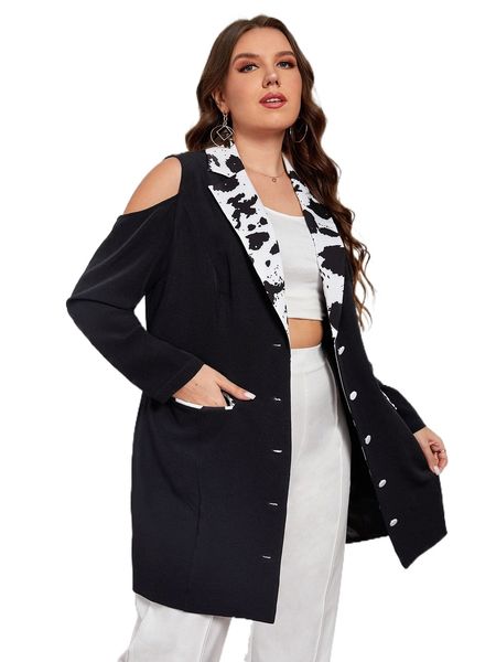 

x sunni nichole designs plus splash ink print cold shoulder blazer i386#, Black
