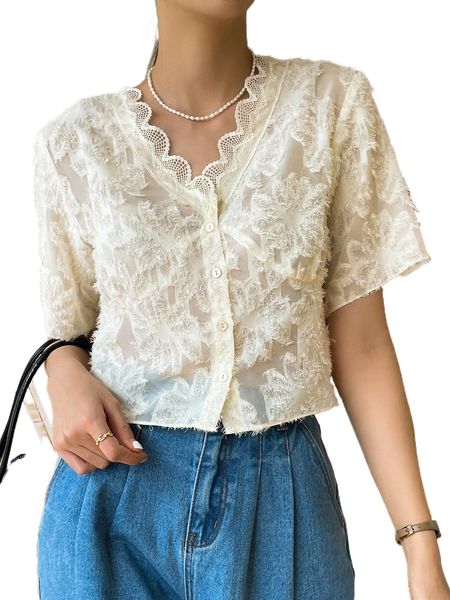 

dazy scallop trim button front blouse d4h6#, White