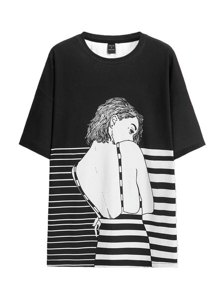 

x risfloat striped & figure graphic drop shoulder tee d7pm#, White
