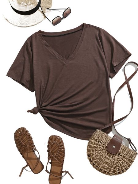 

plus solid v-neck split side tee 28v4#, Black