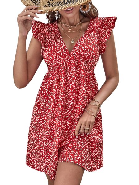 

plant print butterfly sleeve dress d3yv#, Black;gray