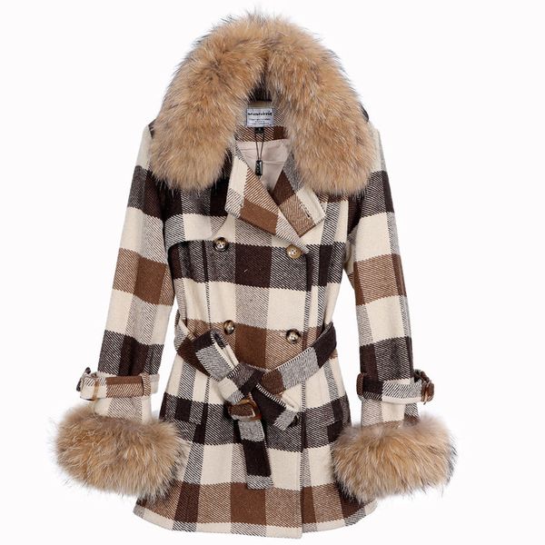 Maomaokong Plaid Ladies Cat Кожаный енот енот Негабаритный шерный шерсти с двойным зимним пирогом.