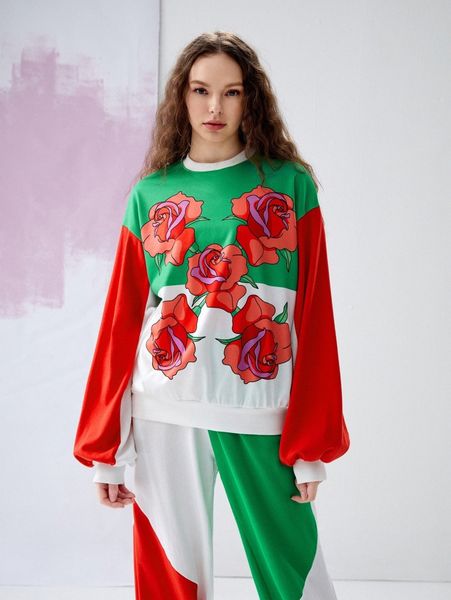 

x friederike hantel floral & cartoon graphic lantern sleeve sweatshirt k25o#, Black