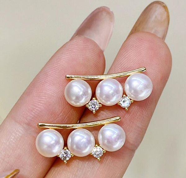 

14k gold plating zircon parallel 3 beads ear studs natural freshwater pearl earrings white lady/girl fashion wedding jewelry, Golden;silver