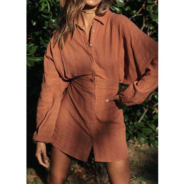 

button up shirt brown dress vestidos autumn winter short casual long sleeve dresswomen short dress l220714, Black;gray