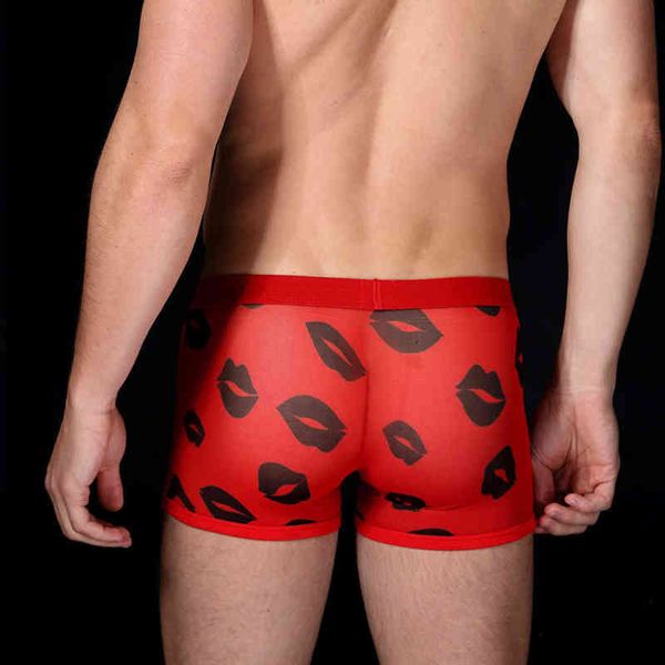 Sexy Men Boxer Intimo Mesh Trasparente Lip Print Lingerie Breath Comodo Bulge Pouch Boxer Gay Underwear Cueca Masculina G220419